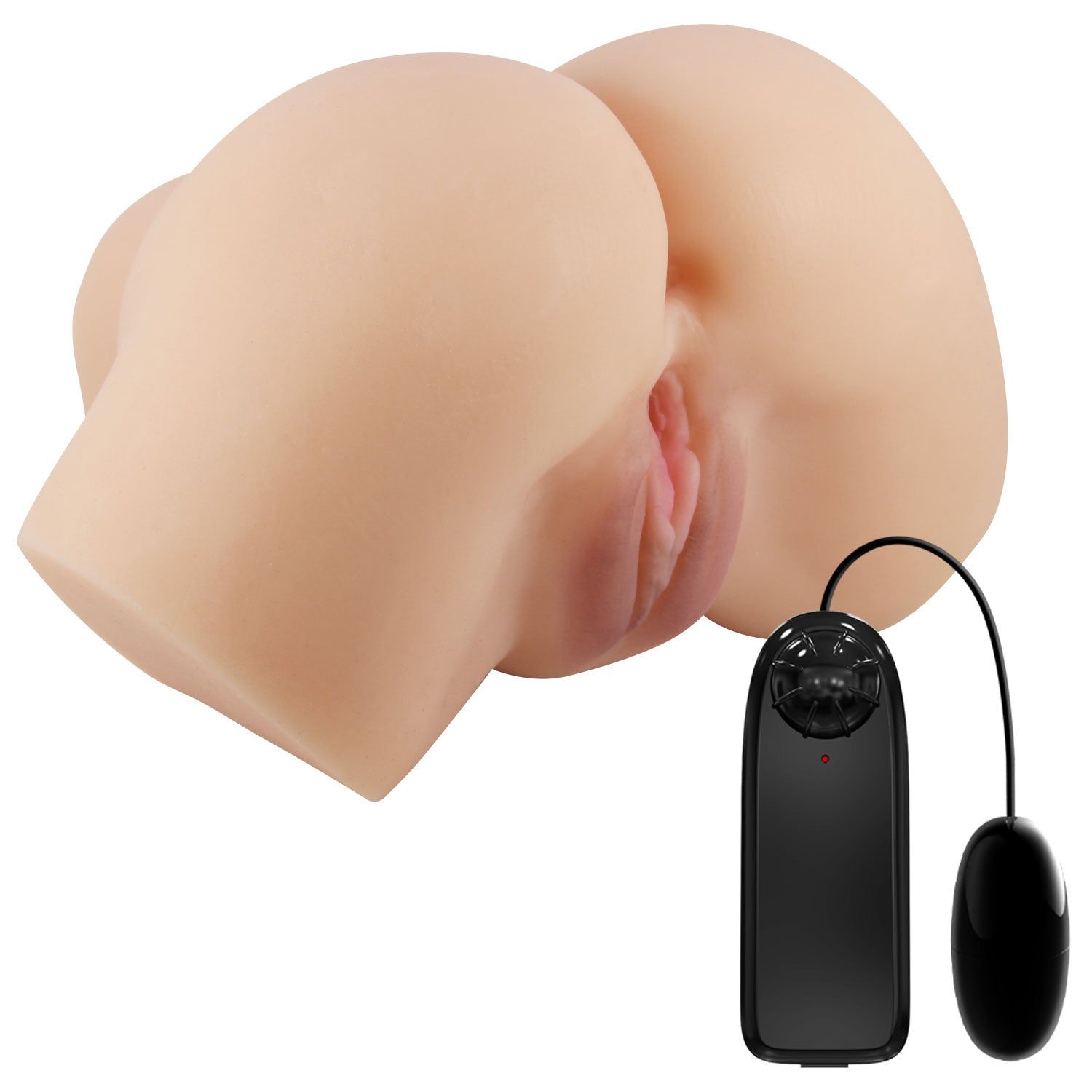 Realistischer Vagina- und Anus-Vibrator. Hautfarbenes Produkt mit Fernbedienung und Vibrationskugel.