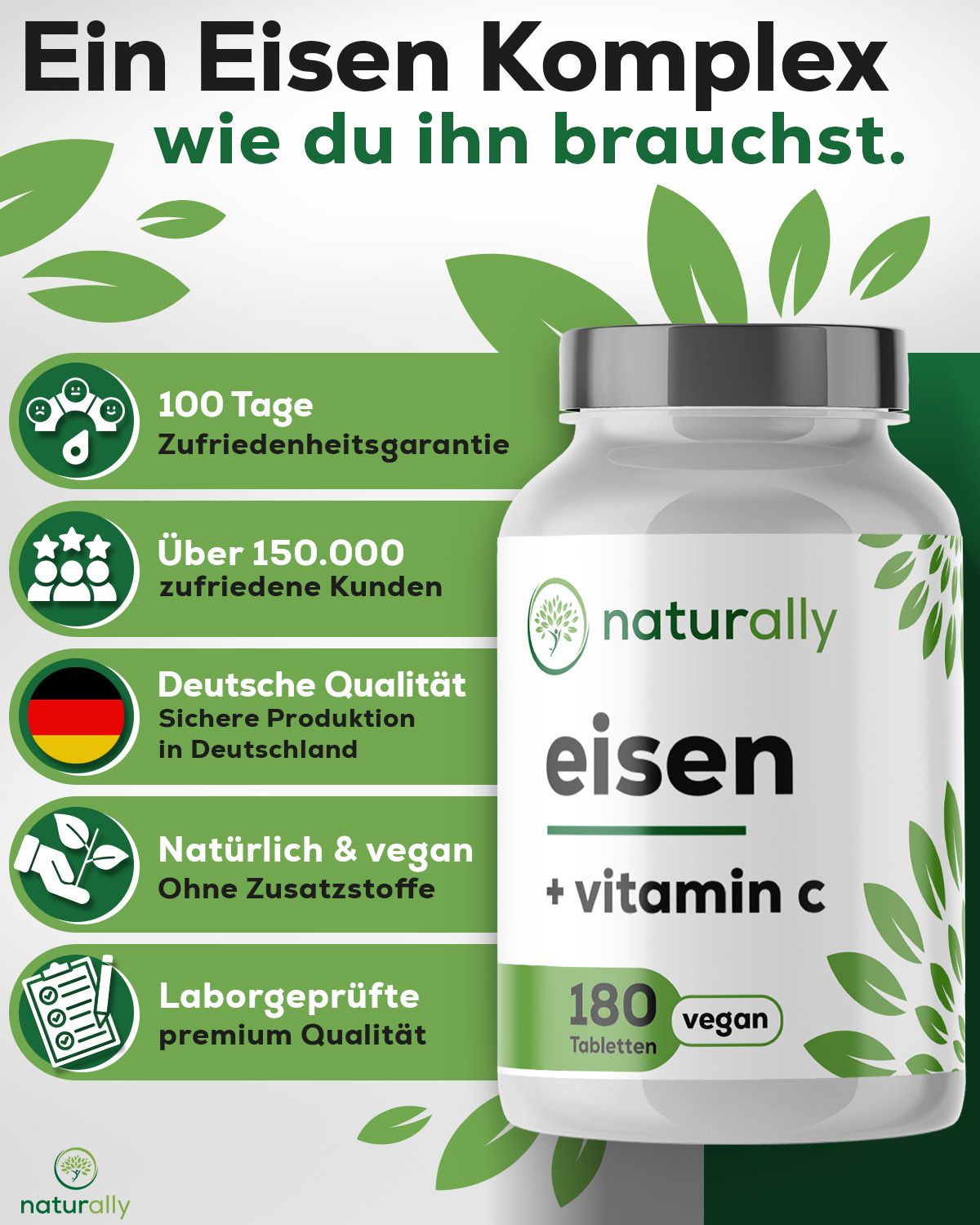 Werbebild mit Flasche. Text: Eisen Komplex, 100 Tage Zufriedenheitsgarantie, deutsche Qualität, vegan, 180 Tabletten.