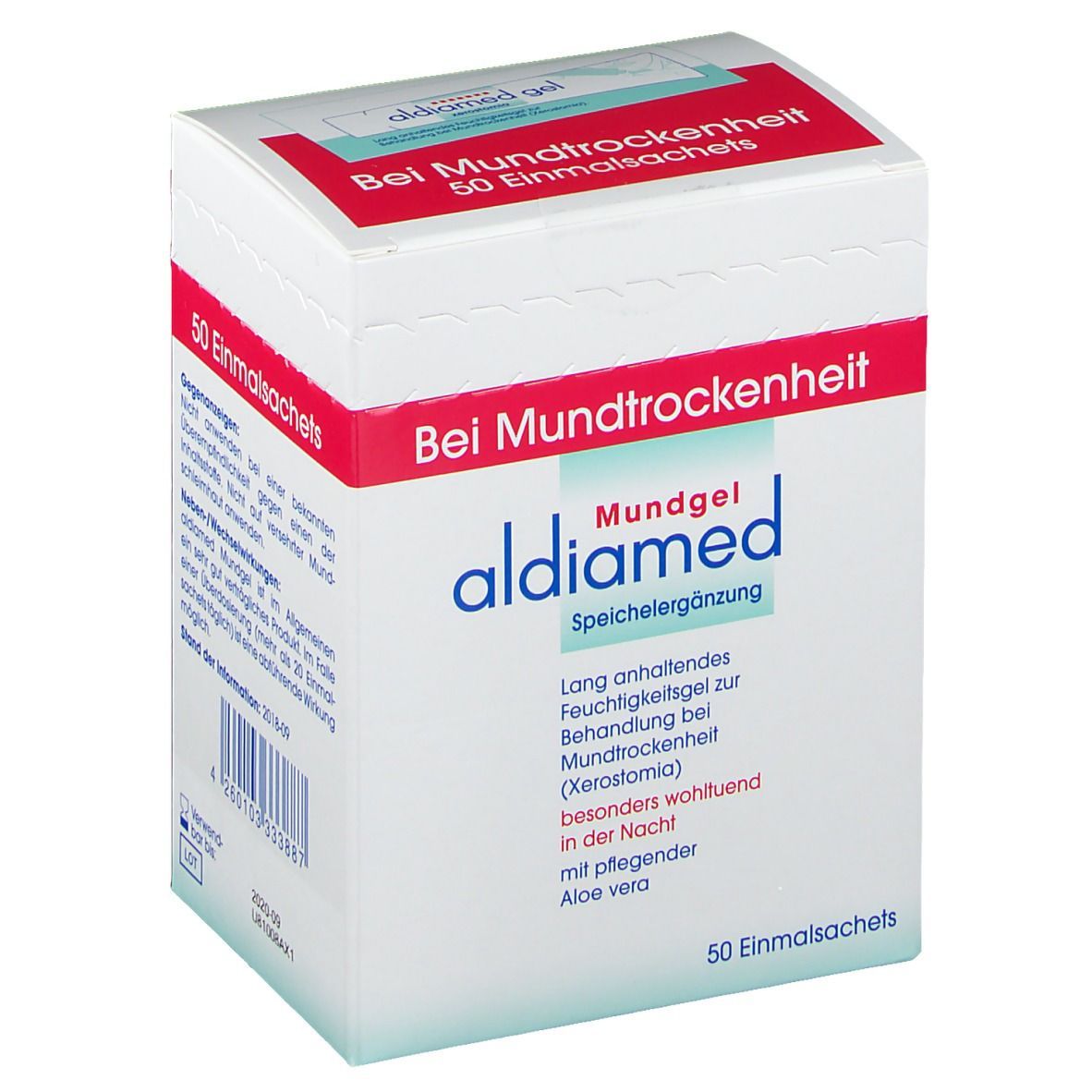 Weißer Karton mit roter Schrift. Aufschrift: aldiamed Mundgel Speichelergänzung. 50 Einmalsachets.