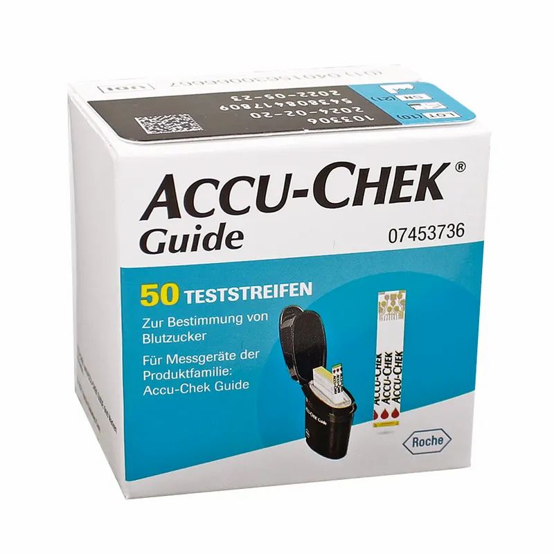 Packung Roche TROPT T Teststreifen. Enthält 50 Teststreifen. Aufdruck: Accu-Chek Guide, Roche.