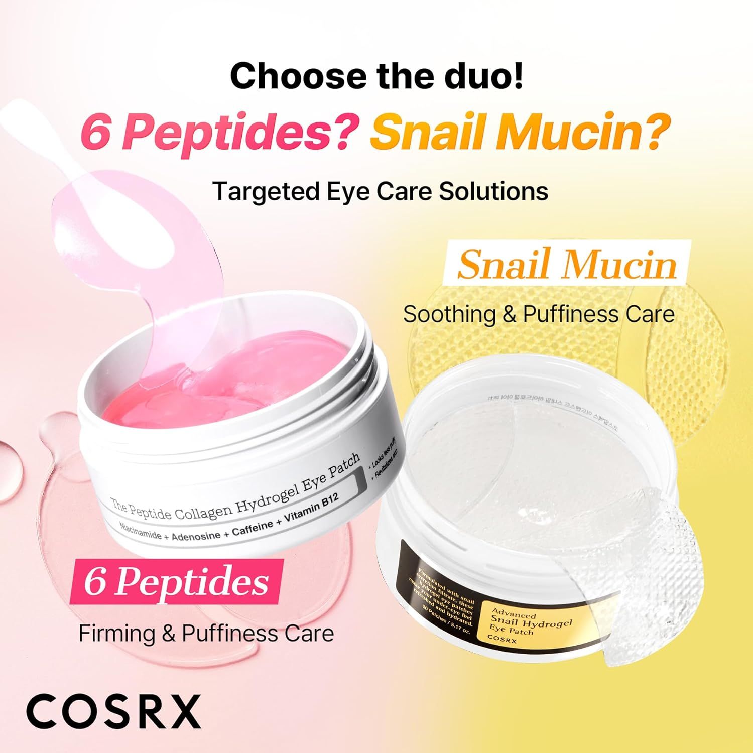 Zwei Augenpflegeprodukte. Ein rosa Augenpflaster und eine transparente Augenmaske. Text: 6 Peptide, Snail Mucin.