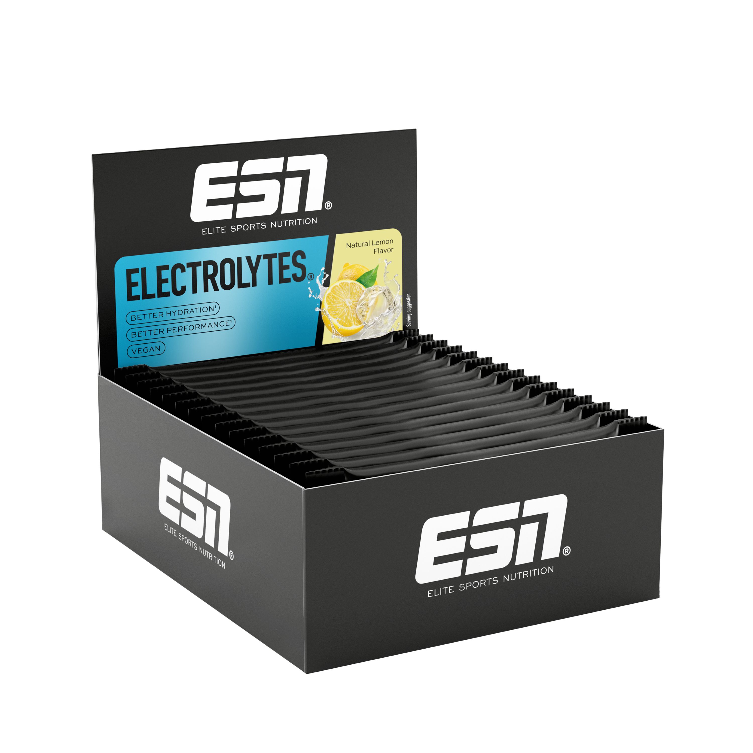 ESN Elektrolyte Pulver in einer schwarzen Box. Aufdruck: ESN, Elektrolyte, Zitrone. Einzelverpackungen in der Box.