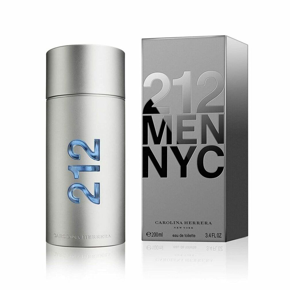 Silberfarbener Flakon und graue Schachtel. Aufschrift "212 MEN NYC" und "Carolina Herrera". Blaue "212" auf dem Flakon.