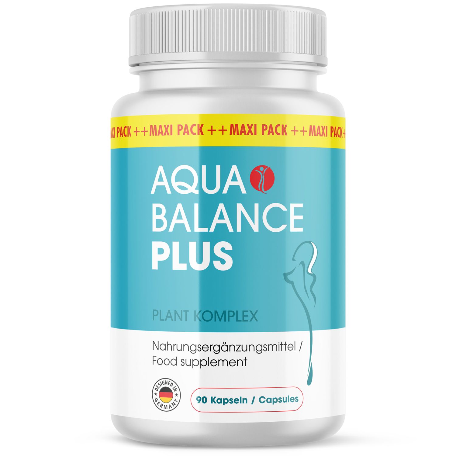Weiße Flasche mit blauem Etikett. Aufschrift: Aqua Balance Plus, 90 Kapseln. Siegel: Made in Germany.