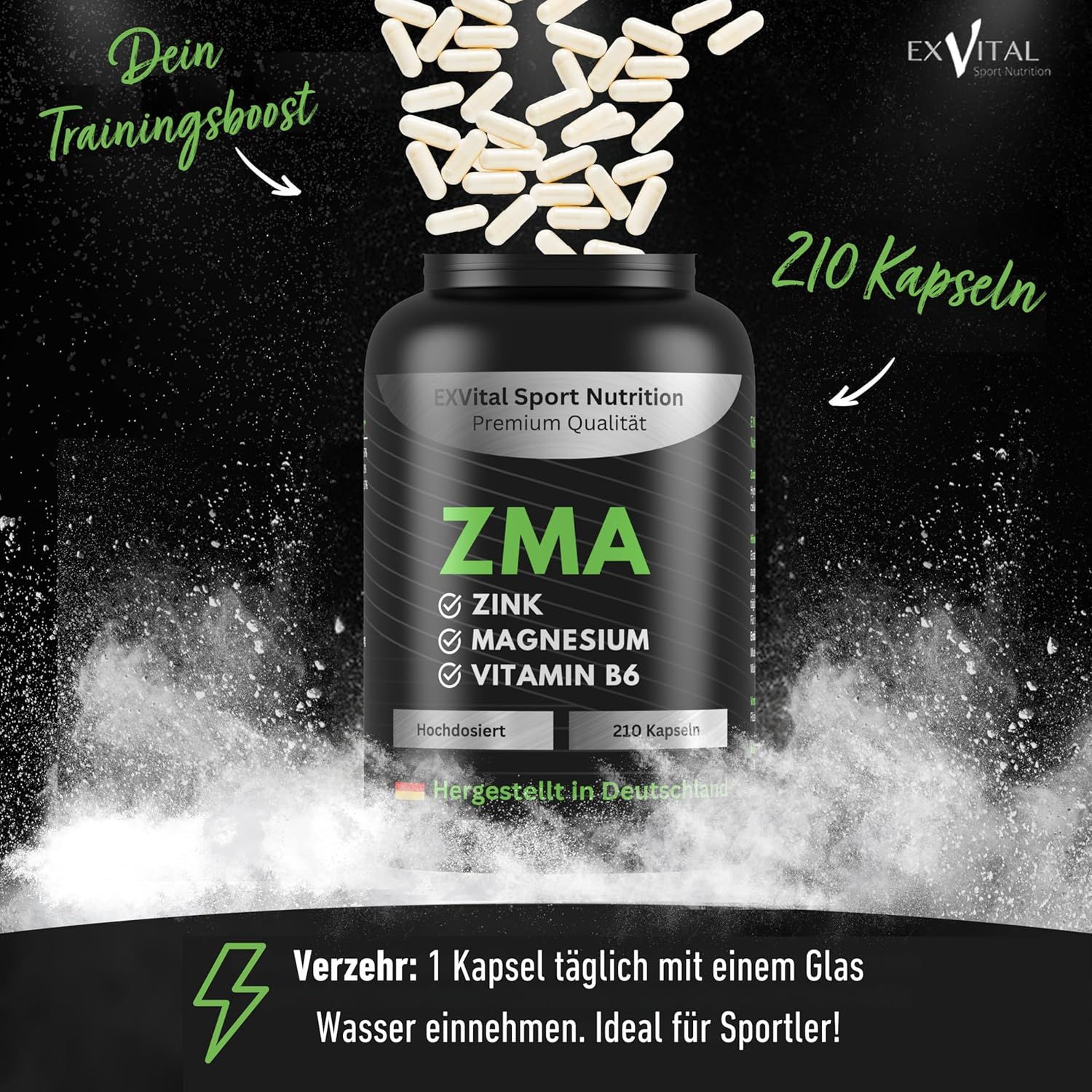 Schwarze Flasche mit ZMA-Kapseln. Kapseln fallen heraus. Text: 210 Kapseln. Marke: EXVital Sport Nutrition. Enthält Zink, Magnesium, Vitamin B6. Ideal für Sportler.