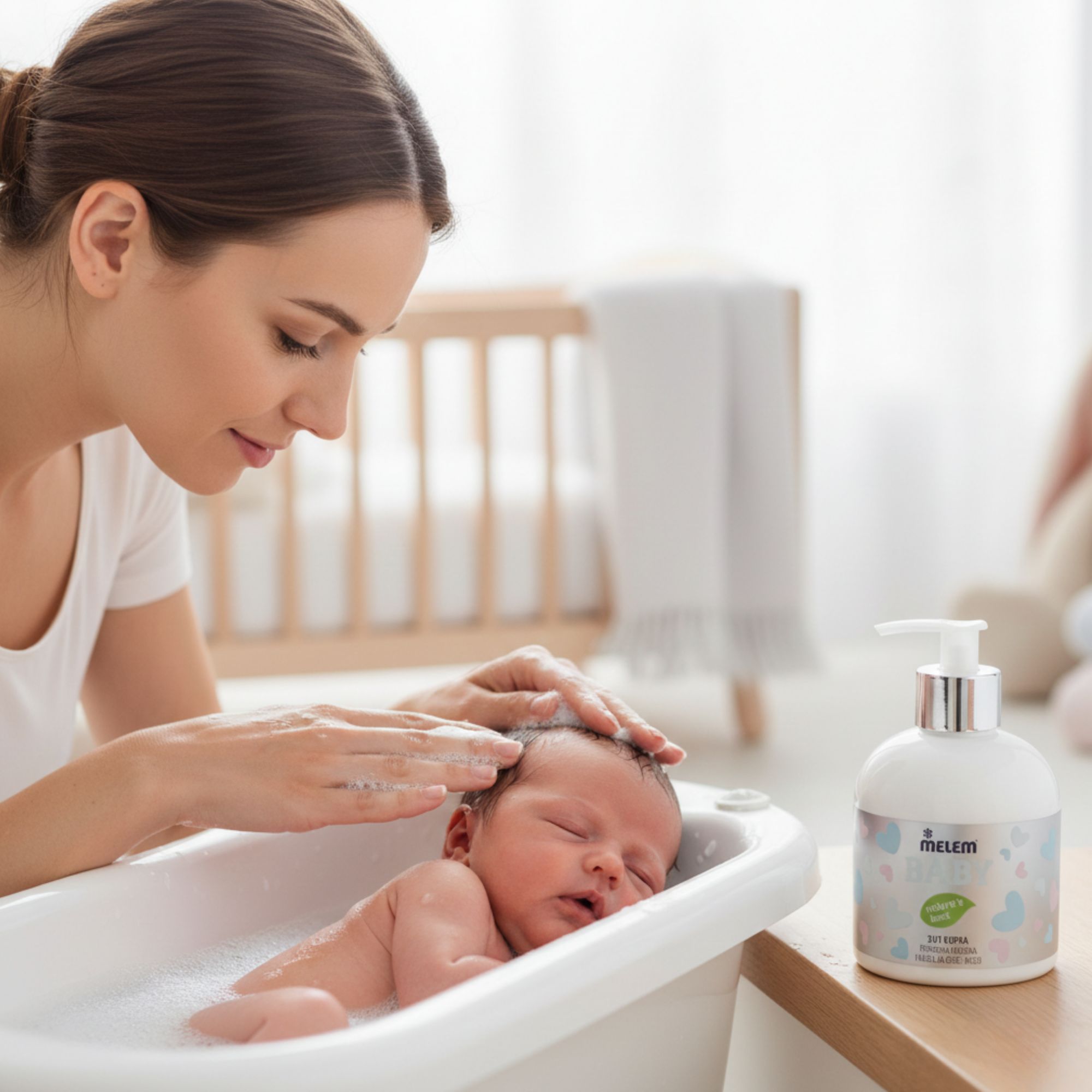 Weiße Flasche mit Pumpe, Etikett mit BABY-Schriftzug. Eine Frau wäscht sanft die Haare eines Babys in einer Badewanne.
