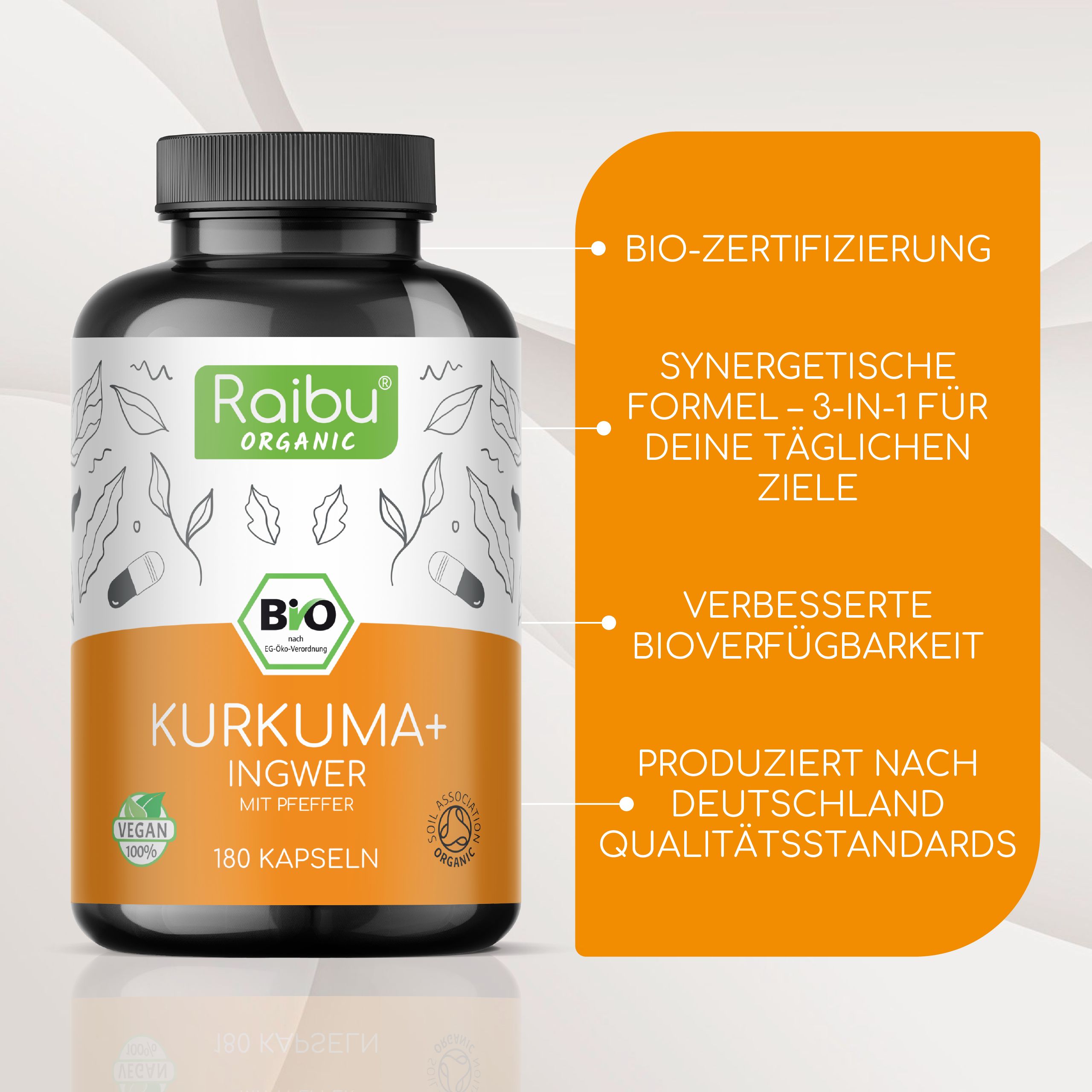 Produktabbildung mit Text. Raibu Organic, Kurkuma+ Ingwer mit Pfeffer, 180 Kapseln. Bio-Zertifizierung.