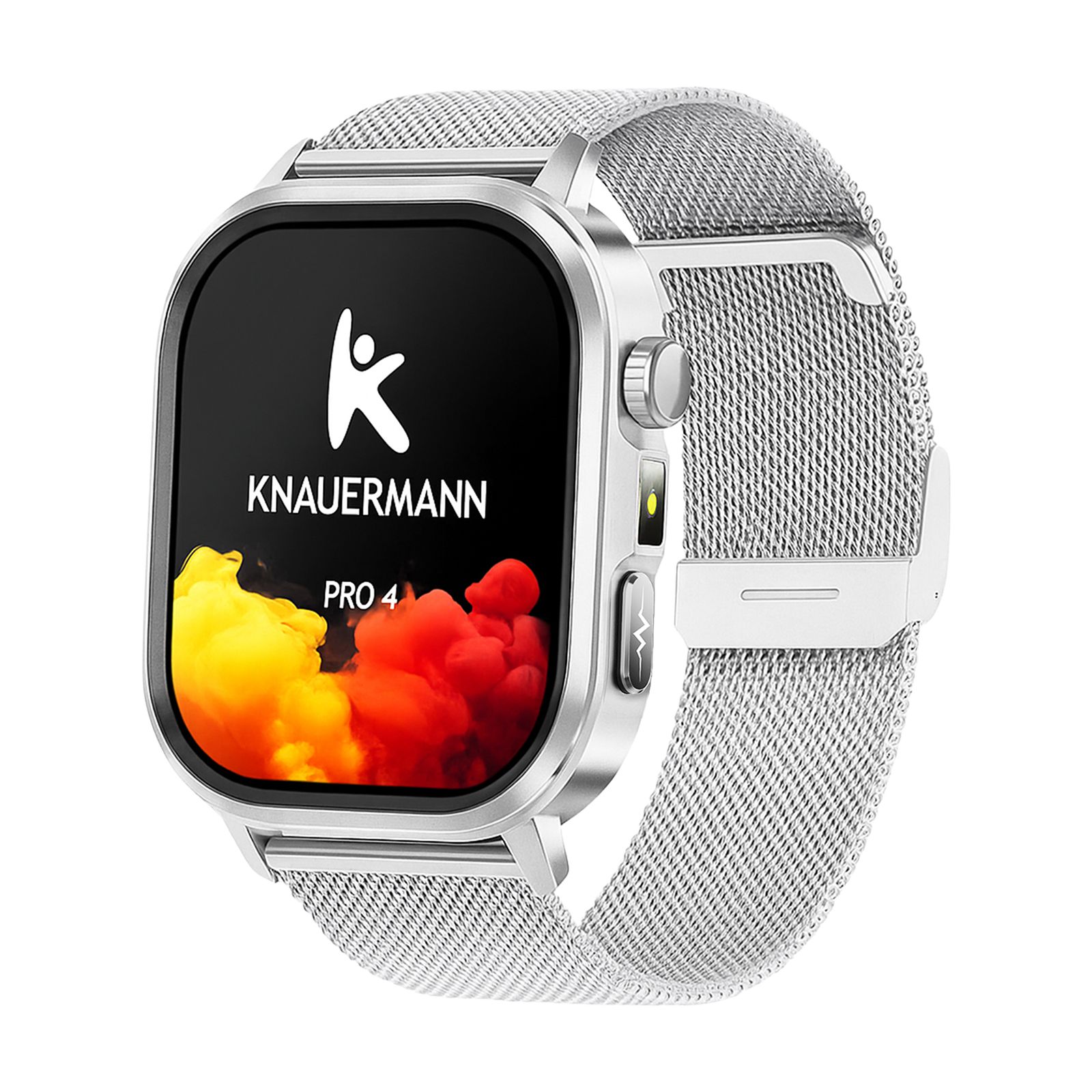 Silberne Smartwatch mit silbernem Mesh-Armband, Seitenansicht. Das Display zeigt das KNAUERMANN PRO 4 Logo.