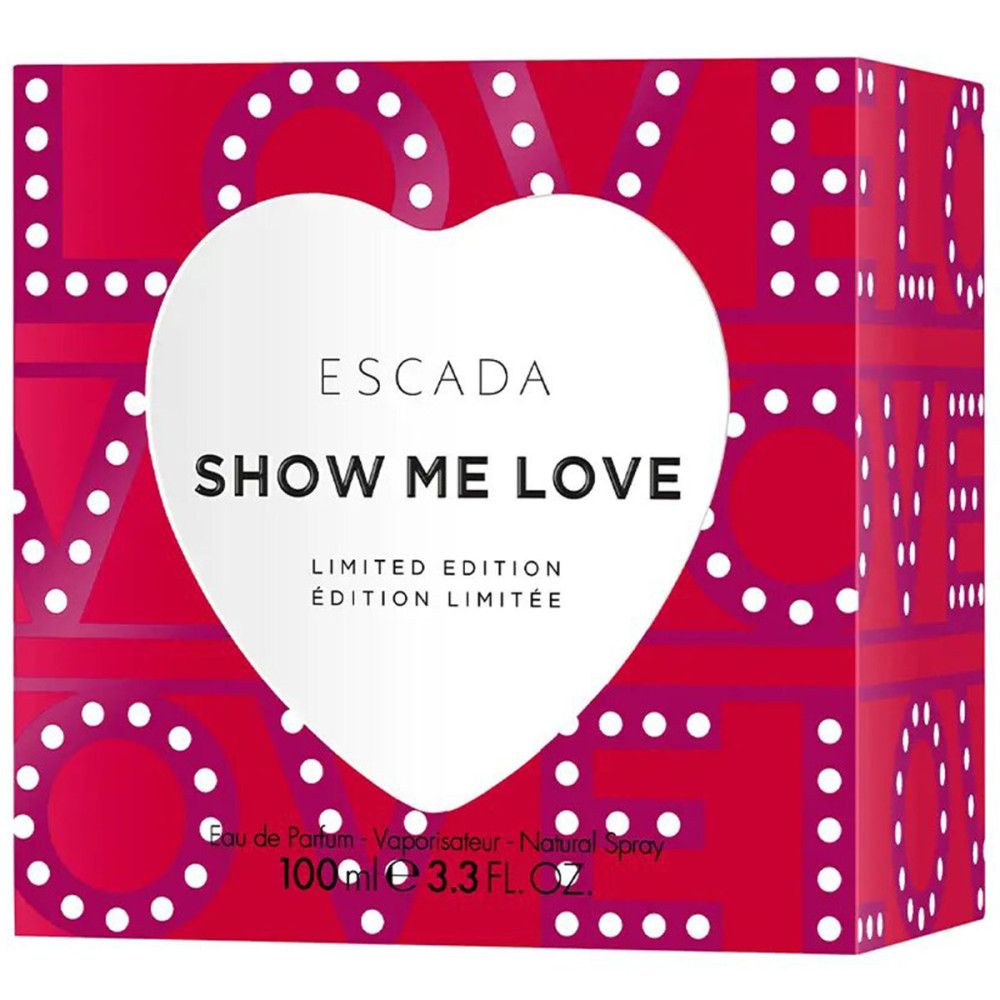 Rote Verpackung mit weißem Herz. Text: ESCADA, SHOW ME LOVE, Limited Edition. 100ml.
