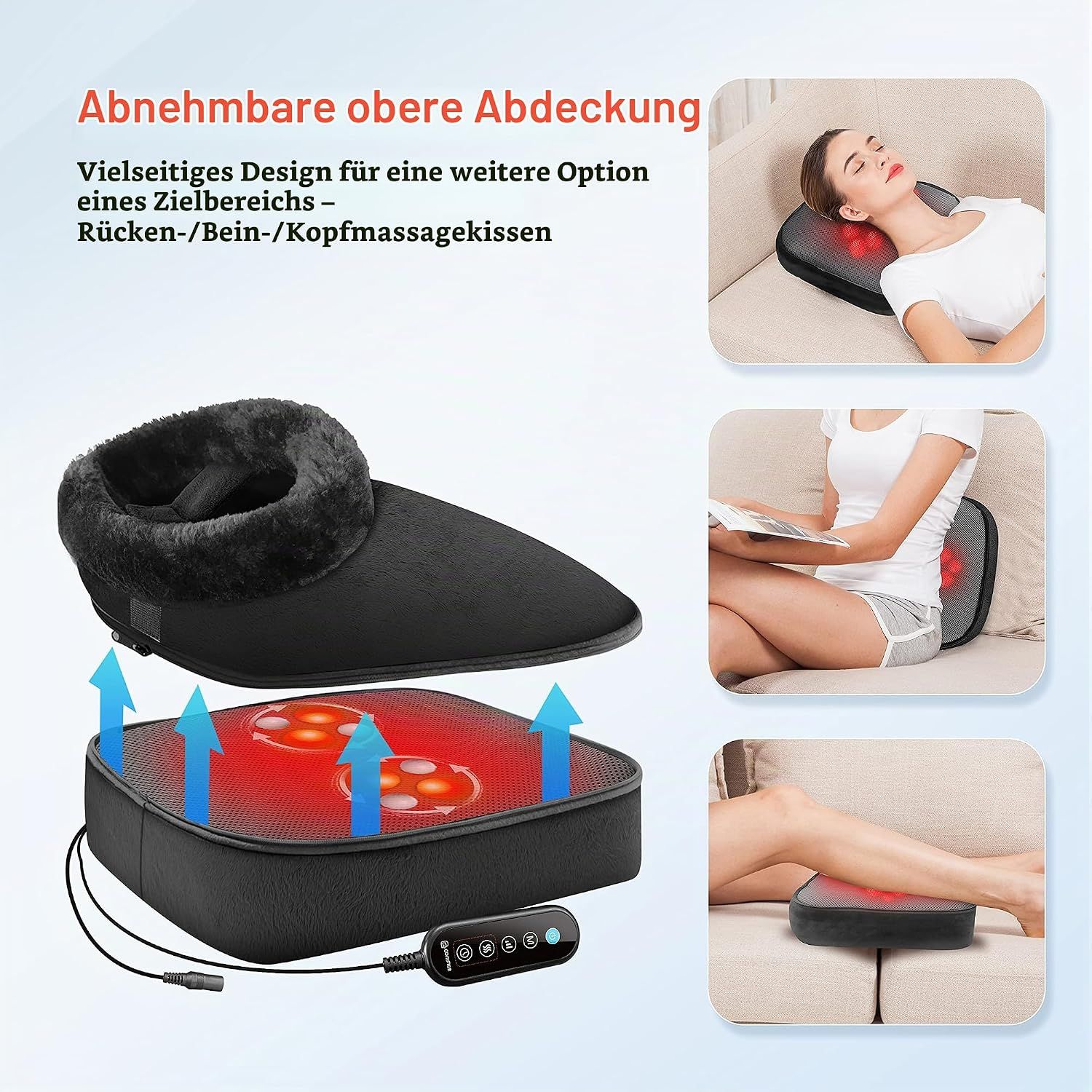 Ein aufklappbares Fußmassagegerät mit flauschigem Innenfutter und integrierten roten Massageknoten. Enthält einen Controller und eine abnehmbare Abdeckung.