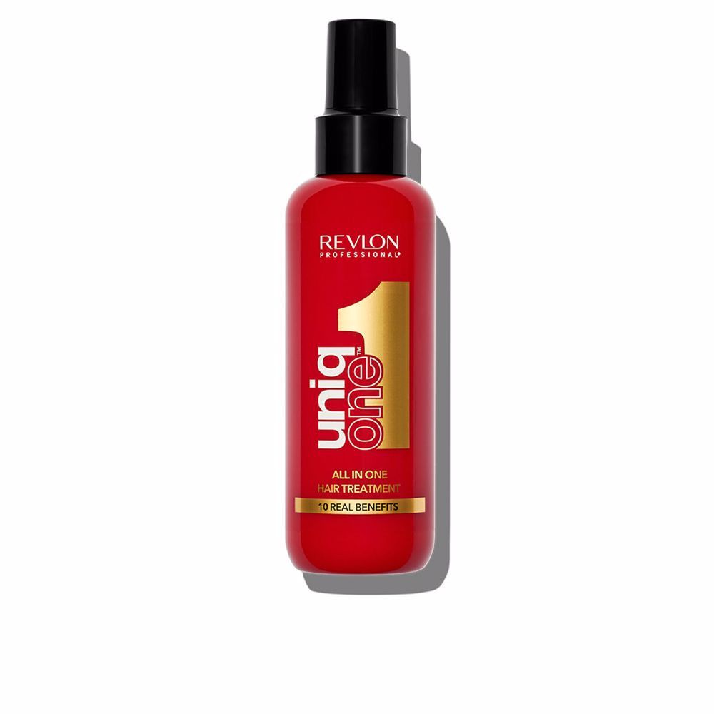 Rote Flasche mit schwarzem Sprühkopf. Aufschrift: Uniq One, All in One Hair Treatment, 10 Real Benefits. Marke: Revlon Professional.