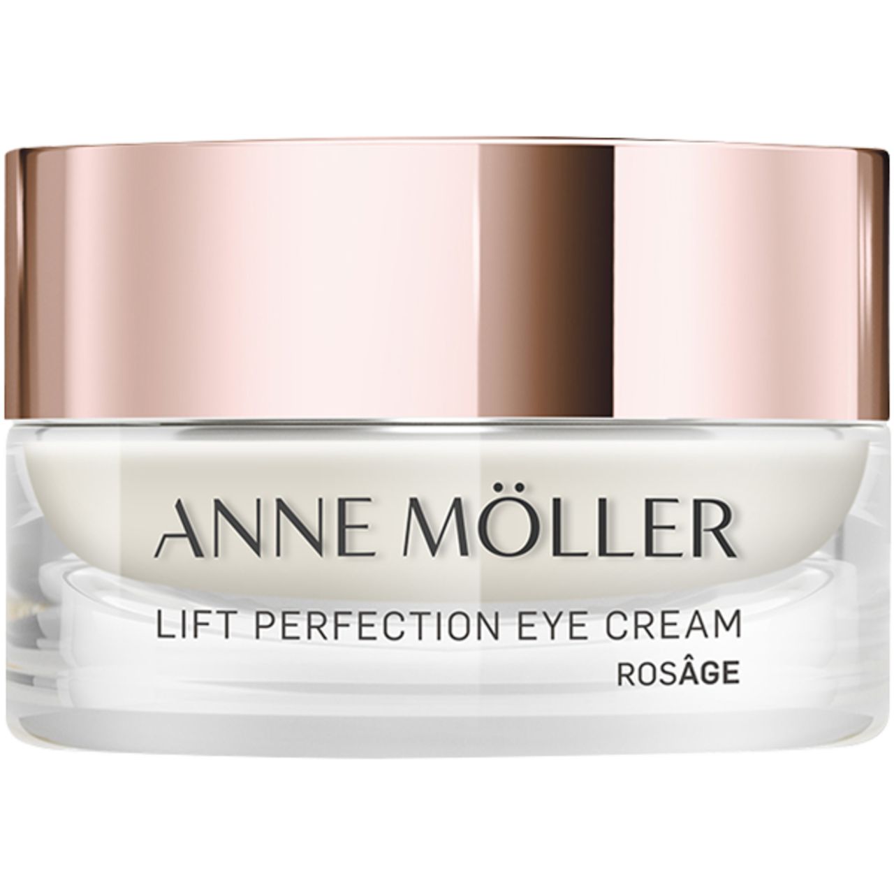 Cremebehälter mit roségoldfarbenem Deckel. Aufschrift: ANNE MÖLLER, LIFT PERFECTION EYE CREAM, ROSÂGE.