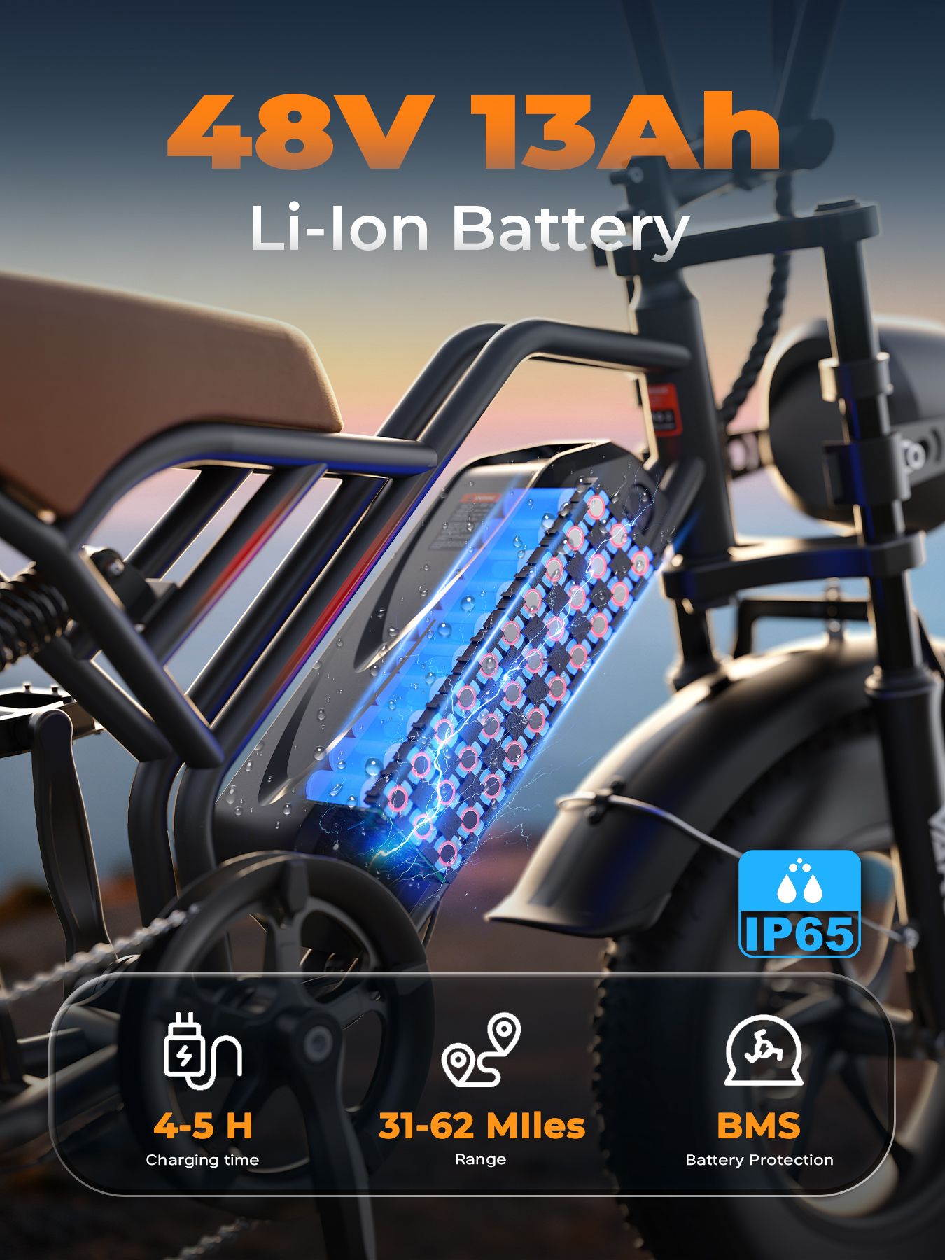 Elektrofahrrad mit 48V 13Ah Li-Ion-Akku. Ladezeit 4-5 Stunden, Reichweite 31-62 Meilen, BMS-Batterieschutz, IP65-Zertifizierung.