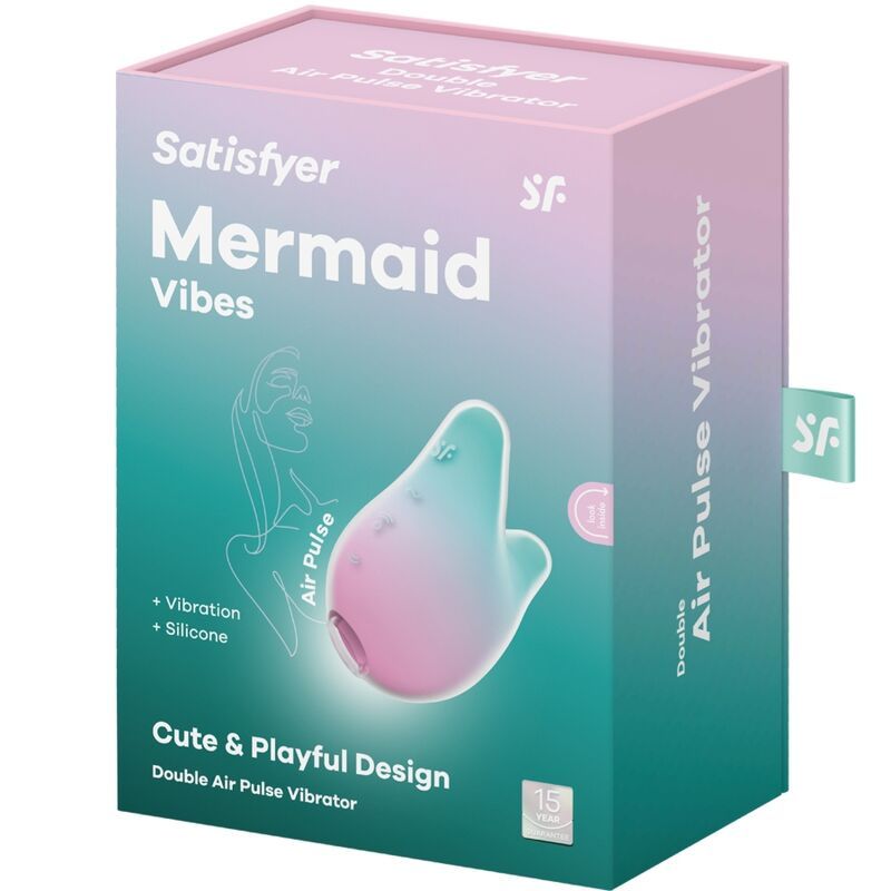 Verpackung mit Stimulator. Aufdruck: Satisfyer, Mermaid Vibes, Double Air Pulse Vibrator. Produkt abgebildet.