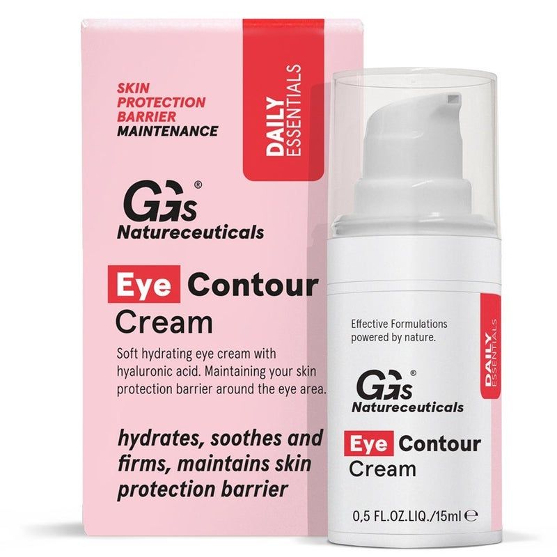 Weiße Flasche und rosa Schachtel. Aufschrift: GGs Natureceuticals Eye Contour Cream. Enthält 15 ml.