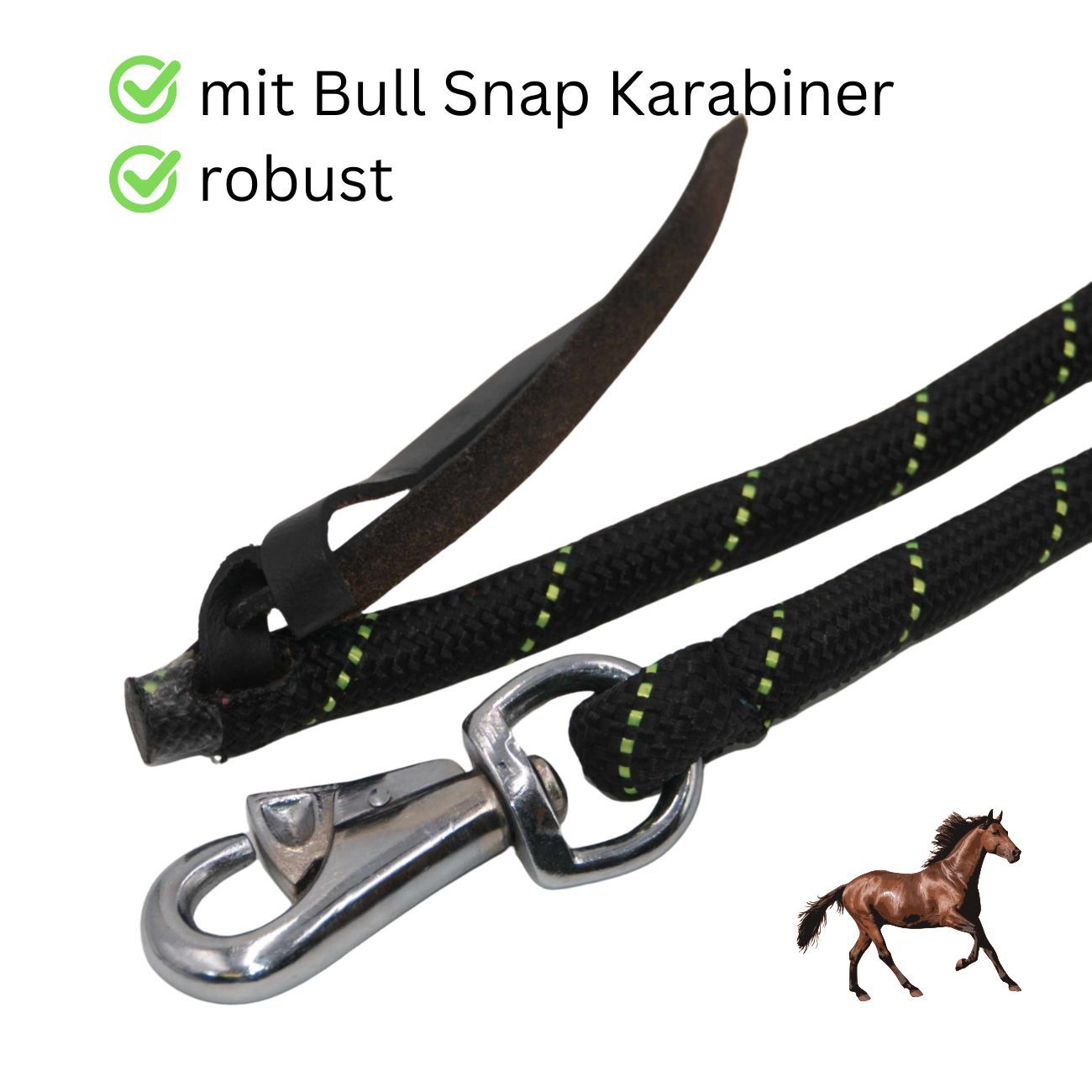 Nahaufnahme eines schwarzen Führseils mit Bull Snap Karabiner. Robustes Design. Lederende.