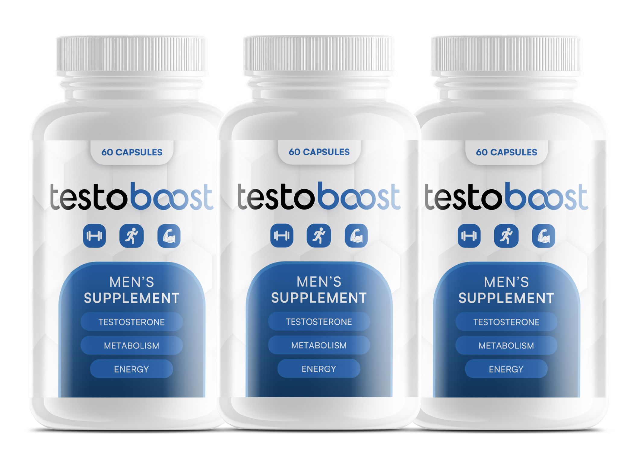 Drei Flaschen TestoBoost Männerergänzung, 60 Kapseln pro Flasche, zur Unterstützung von Testosteron, Stoffwechsel und Energie.
