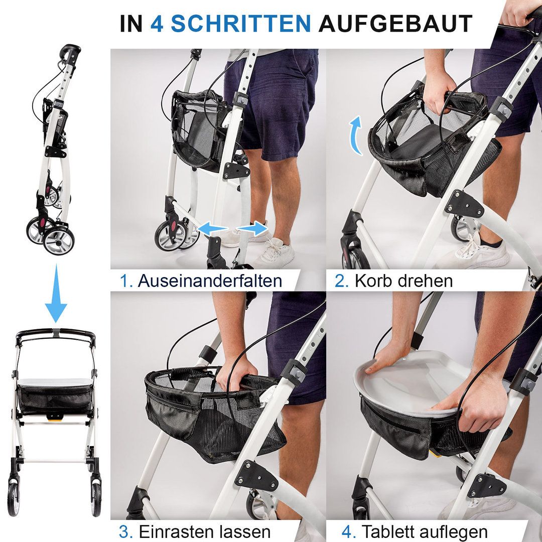 Schritte zur Montage des Rollators: Ausfalten, Korb drehen, einrasten, Tablett auflegen. 