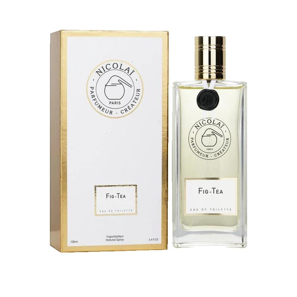 Parfümflakon und Verpackung. Rechteckiger Flakon mit goldfarbenem Verschluss. Verpackung mit goldfarbenem Rand und Logo.