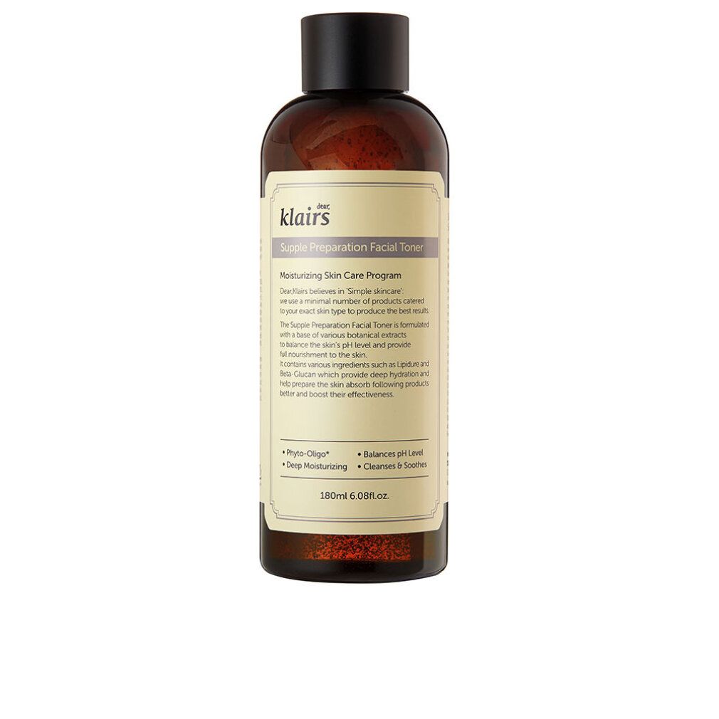 Braune Flasche mit schwarzem Deckel. Aufschrift: Klairs Supple Preparation Facial Toner. Etikett mit Text.