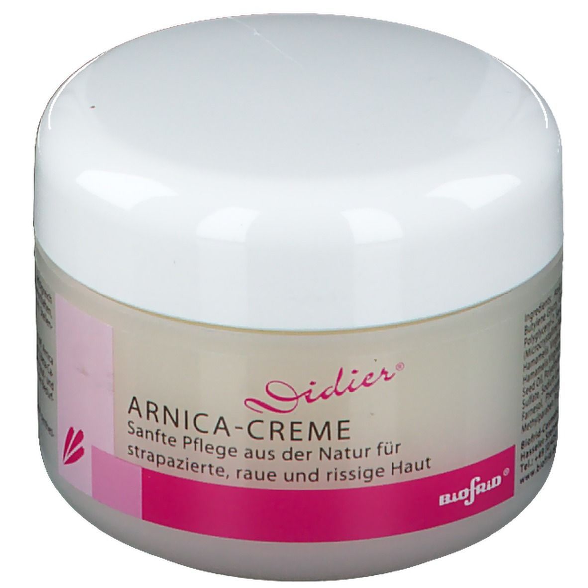 Creme-Tiegel mit weißem Deckel und rosa Etikett. Aufschrift "ARNICA-CREME" und "Didier".