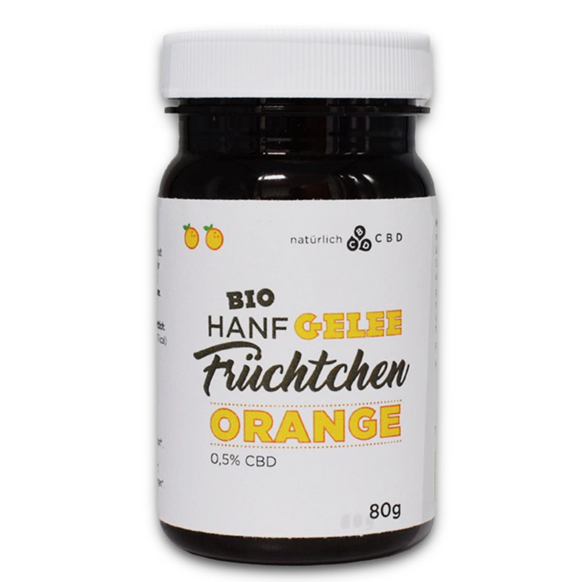 Braune Glasdose mit weißem Deckel. Aufkleber mit Text: BIO Hanf Gelee Früchtchen Orange, 0,5% CBD, 80g.