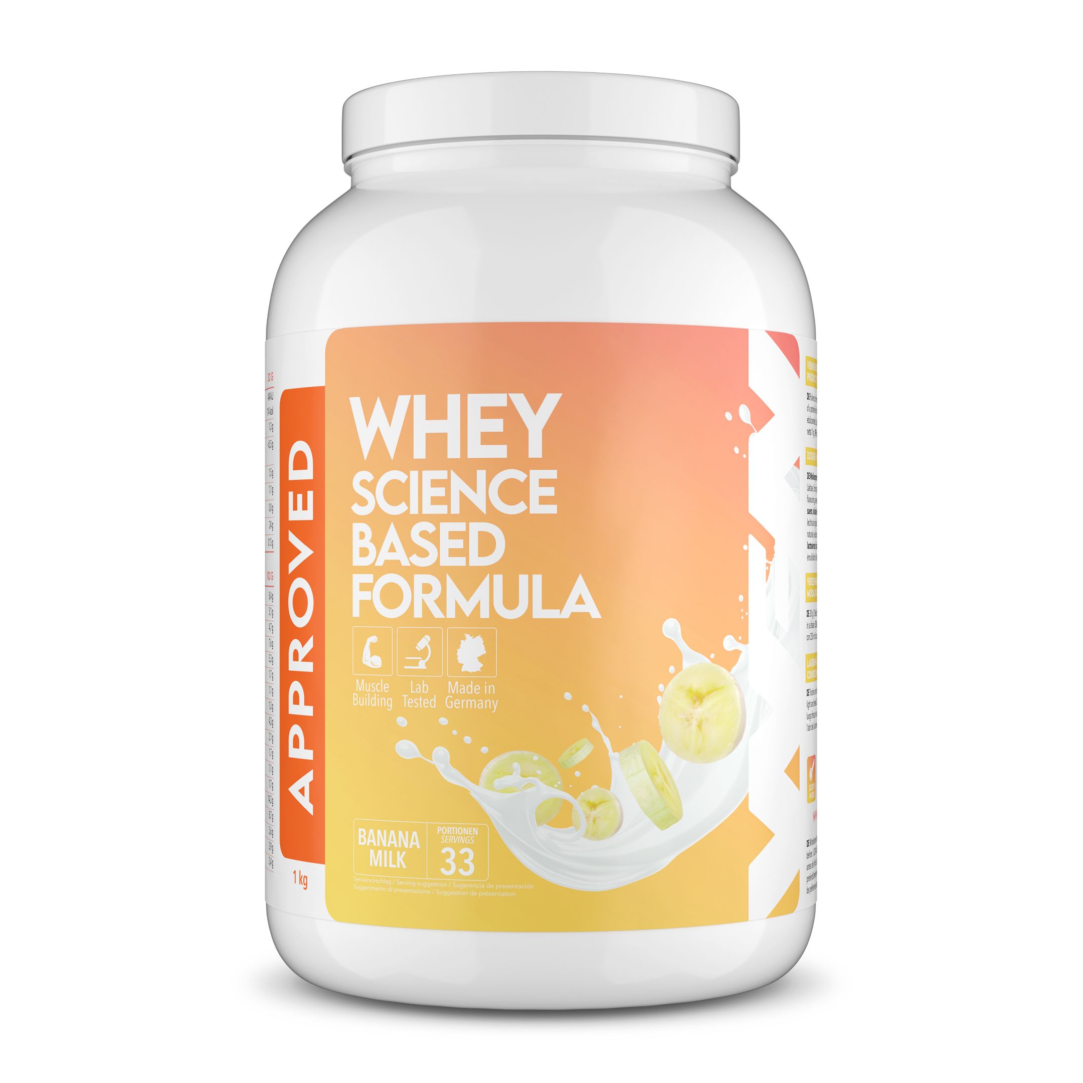 Weißer Behälter mit Whey-Proteinpulver. Aufschrift: WHEY SCIENCE BASED FORMULA. Bananen und Milchspritzer. APPROVED-Logo.