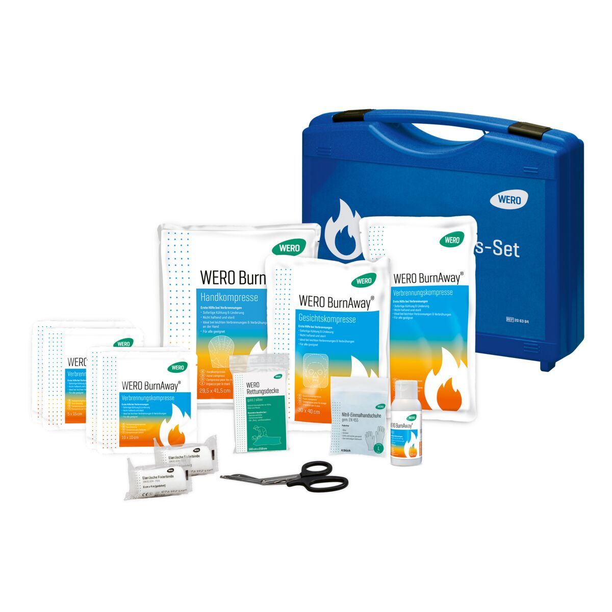 Blauer Koffer mit Inhalt. Verbandsmaterial, Schere, Flasche. Aufschrift: WERO BurnAway, Handkompresse, Gesichtskompresse.