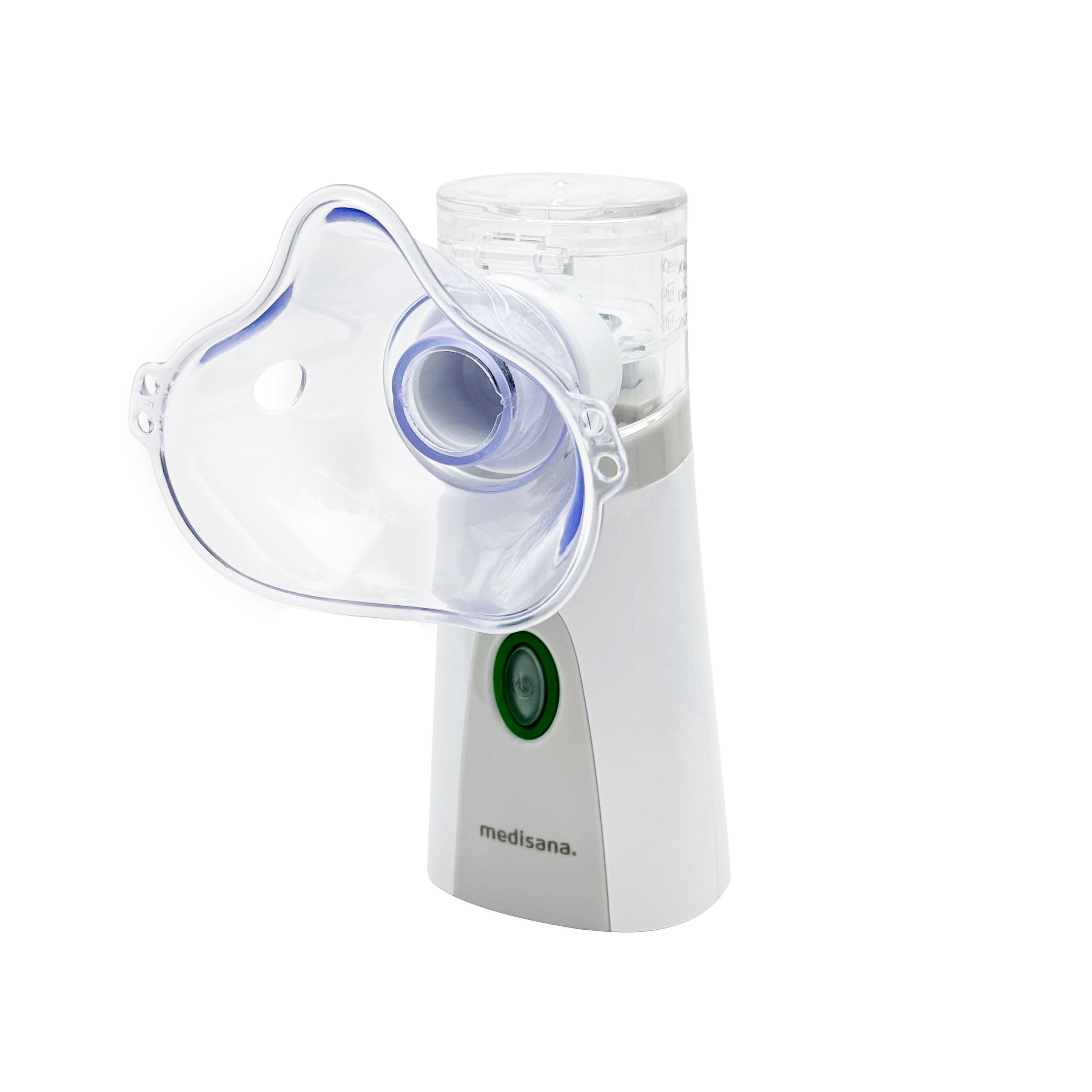 Inhalator mit Maske. Weißes Gehäuse mit grauem Akzent und grünem Knopf. Marke: medisana.