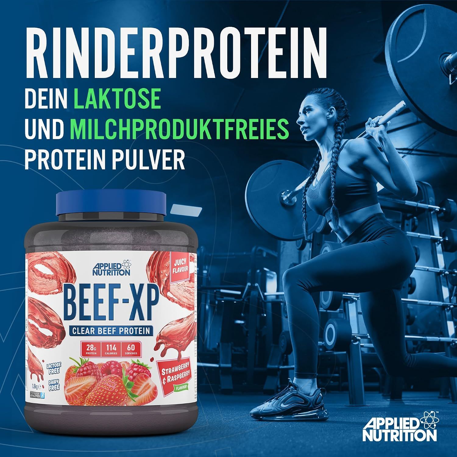 Applied Nutrition Rinderprotein Pulver, 1,8kg Dose, Geschmacksrichtung Beerenmischung.