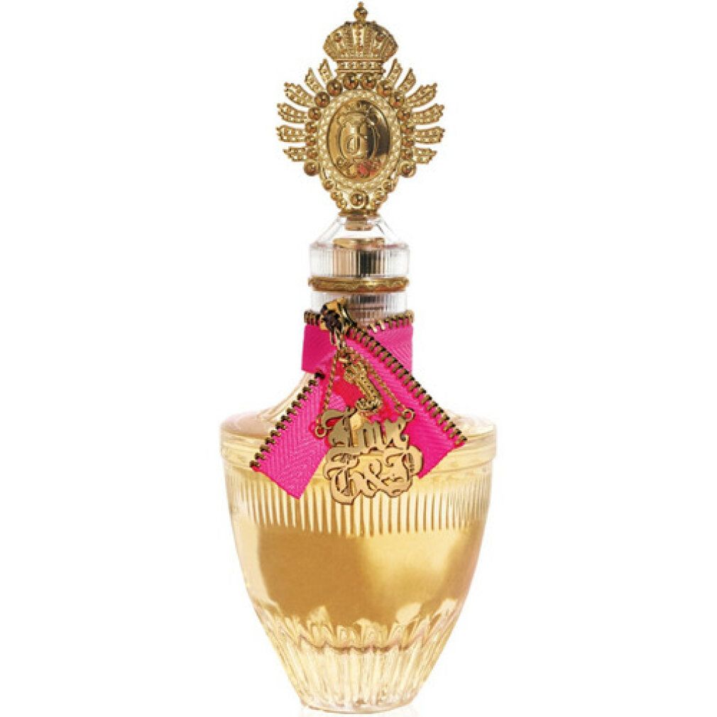 Parfümflasche mit goldfarbenem Verschluss und rosa Schleife. Flakon mit goldfarbenen Details.
