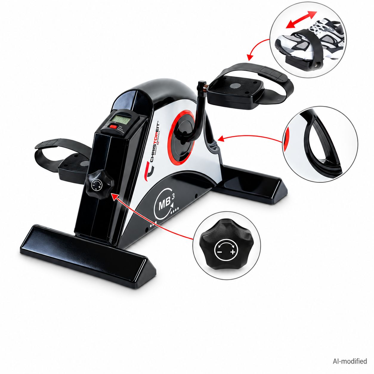 Heimtrainer MB 3 mit Detailansichten von Pedalen, Widerstand und Display.