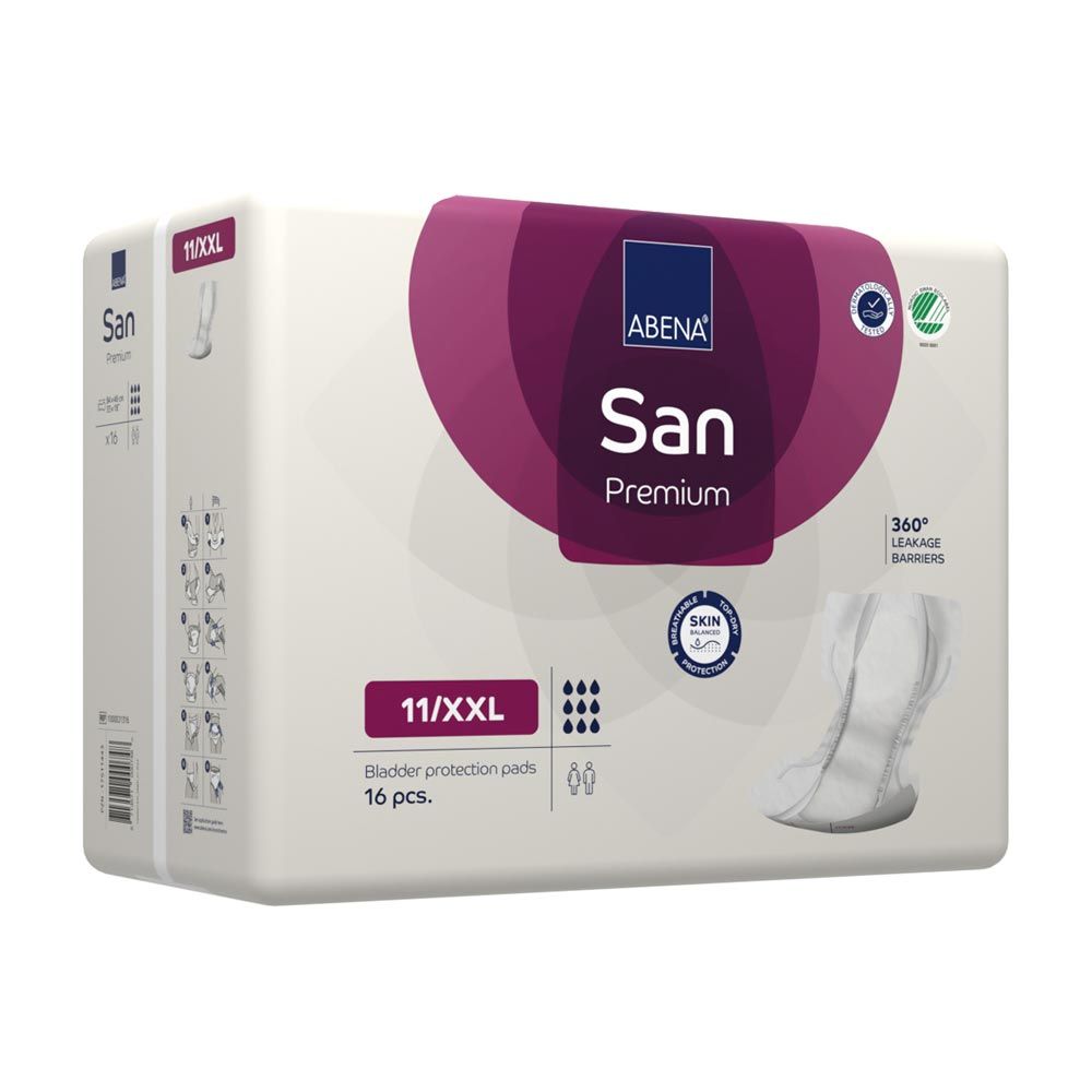 ABENA San Premium Vorlagen. Weiße Inkontinenzvorlagen und Verpackung. Auf der Verpackung sind Produktinformationen und Logos abgebildet.