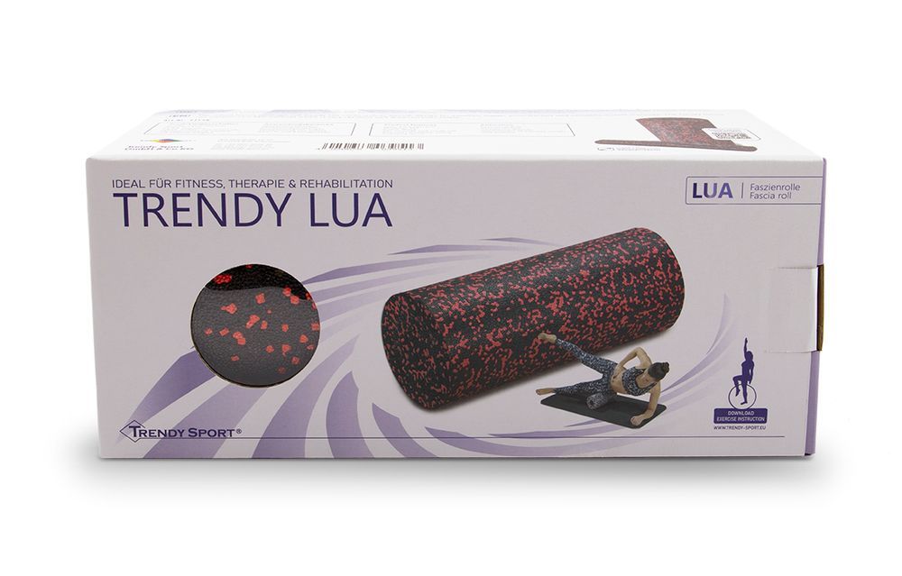Produktverpackung mit Faszienrolle und Zubehör. Aufschrift 'Trendy Lua'. Abbildung der Rolle und Logo.