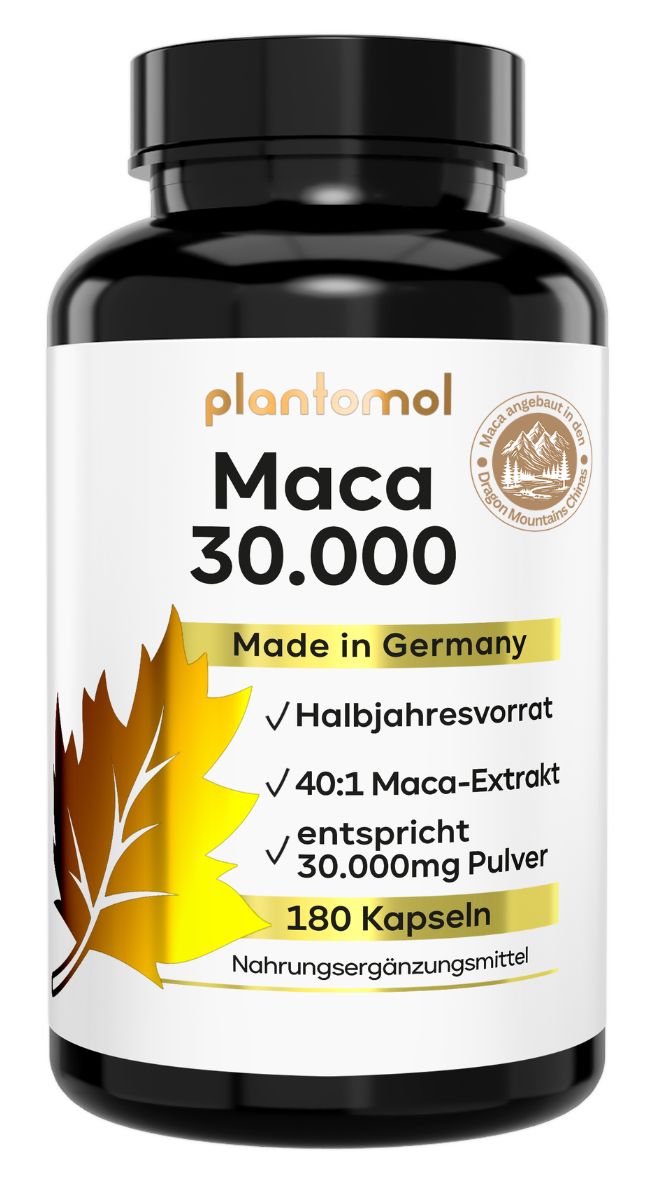 Schwarze Dose mit Plantomol Maca 30.000, 180 Kapseln, Made in Germany.