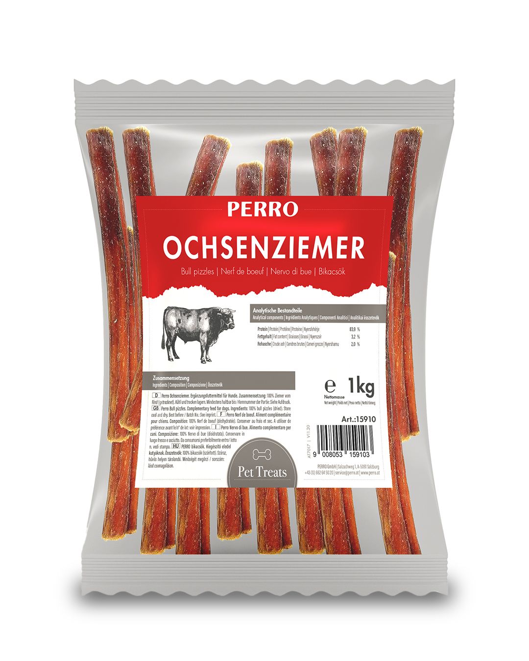 Transparente Verpackung mit Ochsenziemer-Kauartikeln. Rotes Etikett mit PERRO-Logo und Produktbezeichnung. 1 kg Packung.