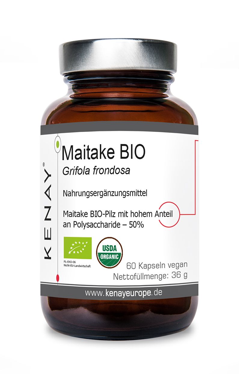 Braune Glasflasche mit weißem Etikett. Aufschrift: Maitake BIO, Grifola frondosa, KENAY. Mit USDA Organic Siegel.