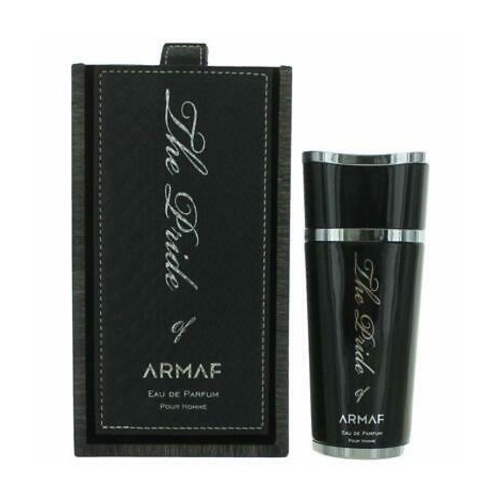 Schwarze Parfumflasche und Verpackung. Silberne Schrift: The Pride of Armaf. Eau de Parfum für Männer. Rechteckige Verpackung.