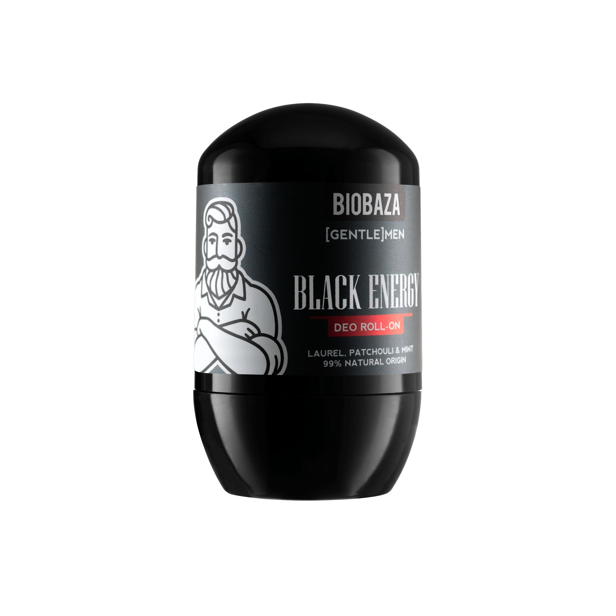 Schwarzer Deo Roll-On mit weißem Rollkopf. Aufschrift: BIOBAZA [GENTLE MEN] BLACK ENERGY DEO ROLL-ON.