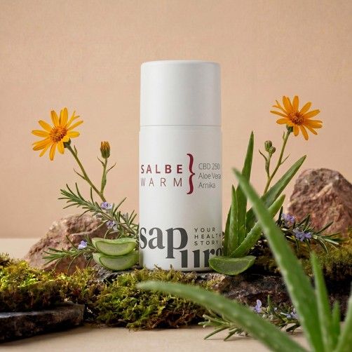 Weiße Salbenflasche umgeben von Aloe Vera Pflanzen und gelben Blüten. Natürliche Inhaltsstoffe.