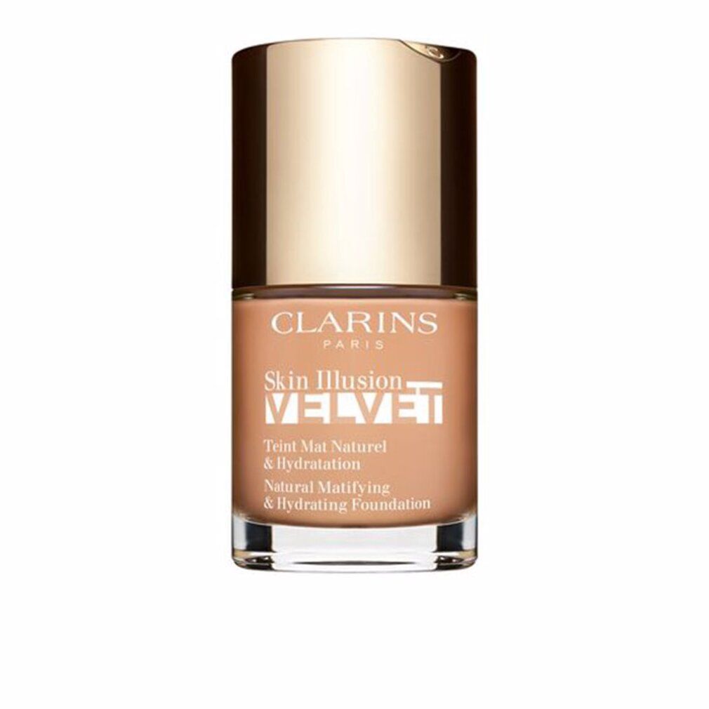 Clarins Skin Illusion Velvet Foundation. Flasche mit goldfarbenem Deckel. Text: Natural Matifying & Hydrating Foundation.