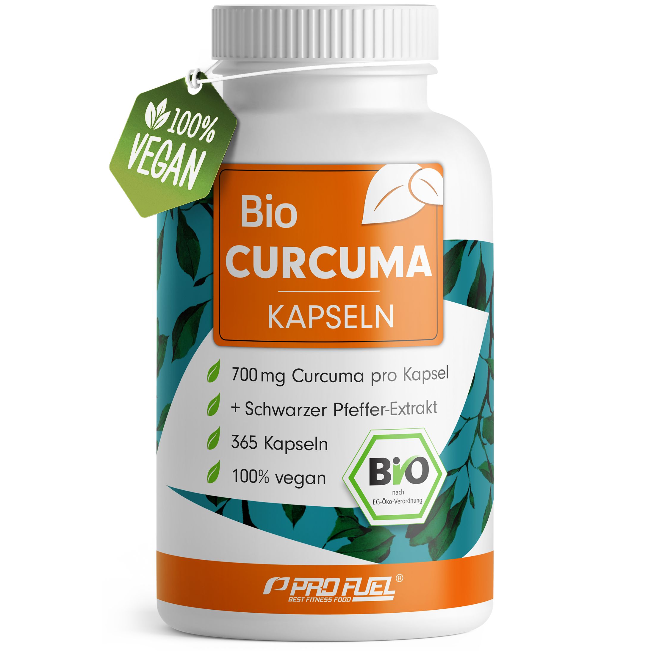 Weiße Flasche Bio Curcuma Kapseln. Aufschrift: 700 mg Curcuma, 365 Kapseln, 100% vegan. Label: 100% vegan.