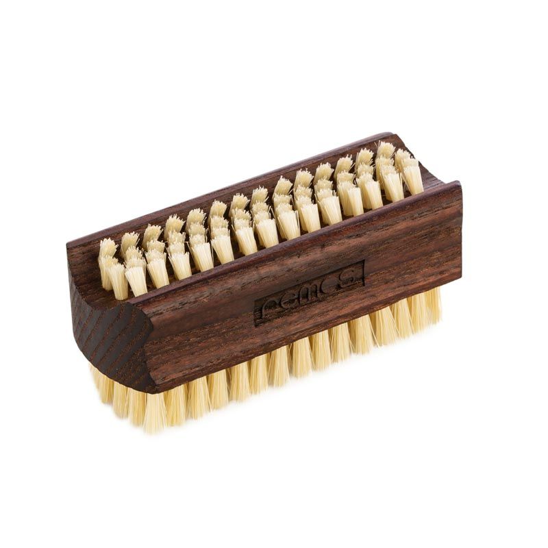 Hand- und Nagelbürste aus Holz mit hellen Borsten. Dunkles Holzgehäuse, rechteckige Form, Borsten auf zwei Seiten.