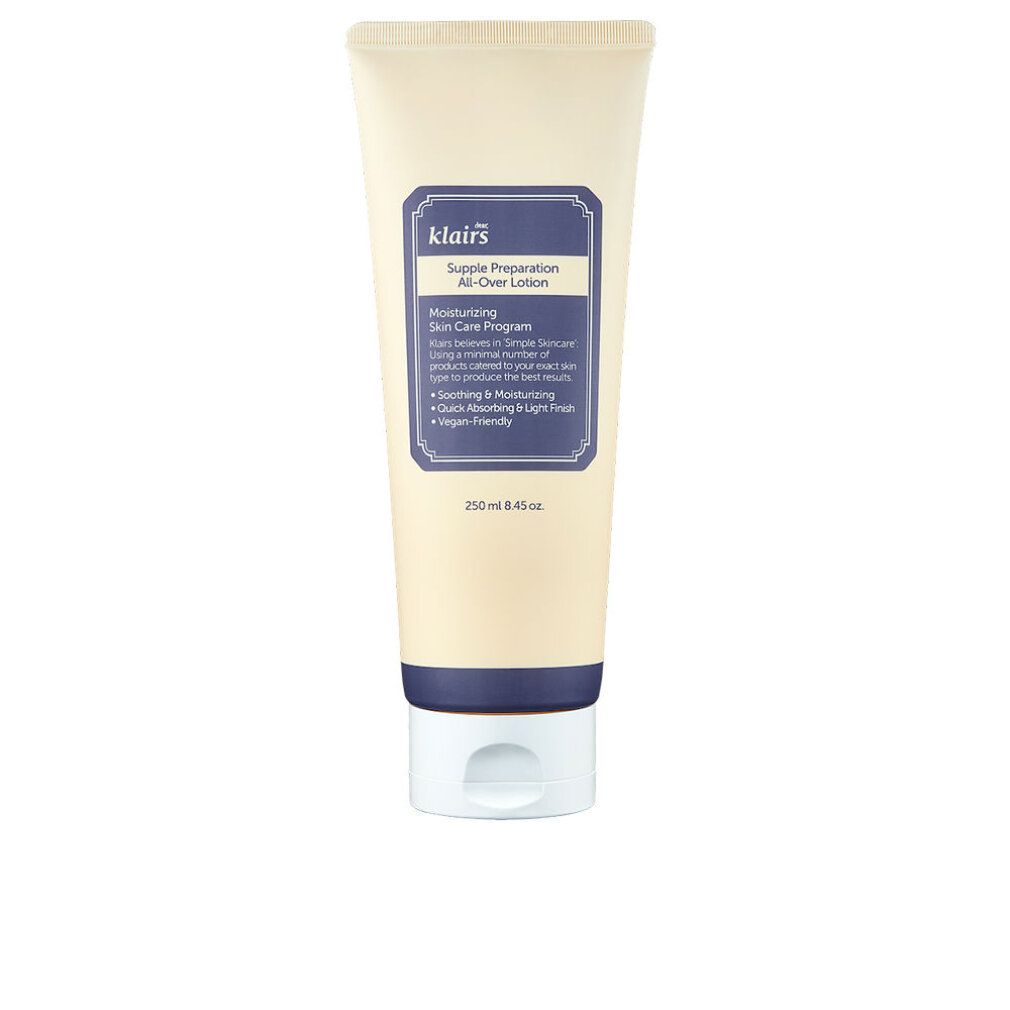 Beige Tube mit blauem Etikett. Text: klairs, Supple Preparation All-Over Lotion. 250ml.