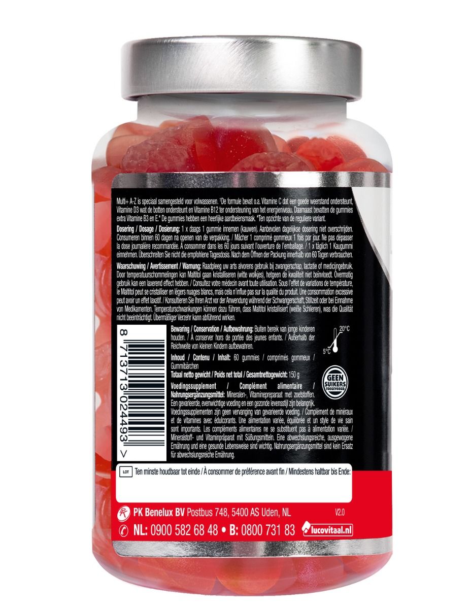 Rückseite einer Flasche Lucovitaal Multi+ A-Z Gummis mit Produktinformationen und Herstellerdetails.
