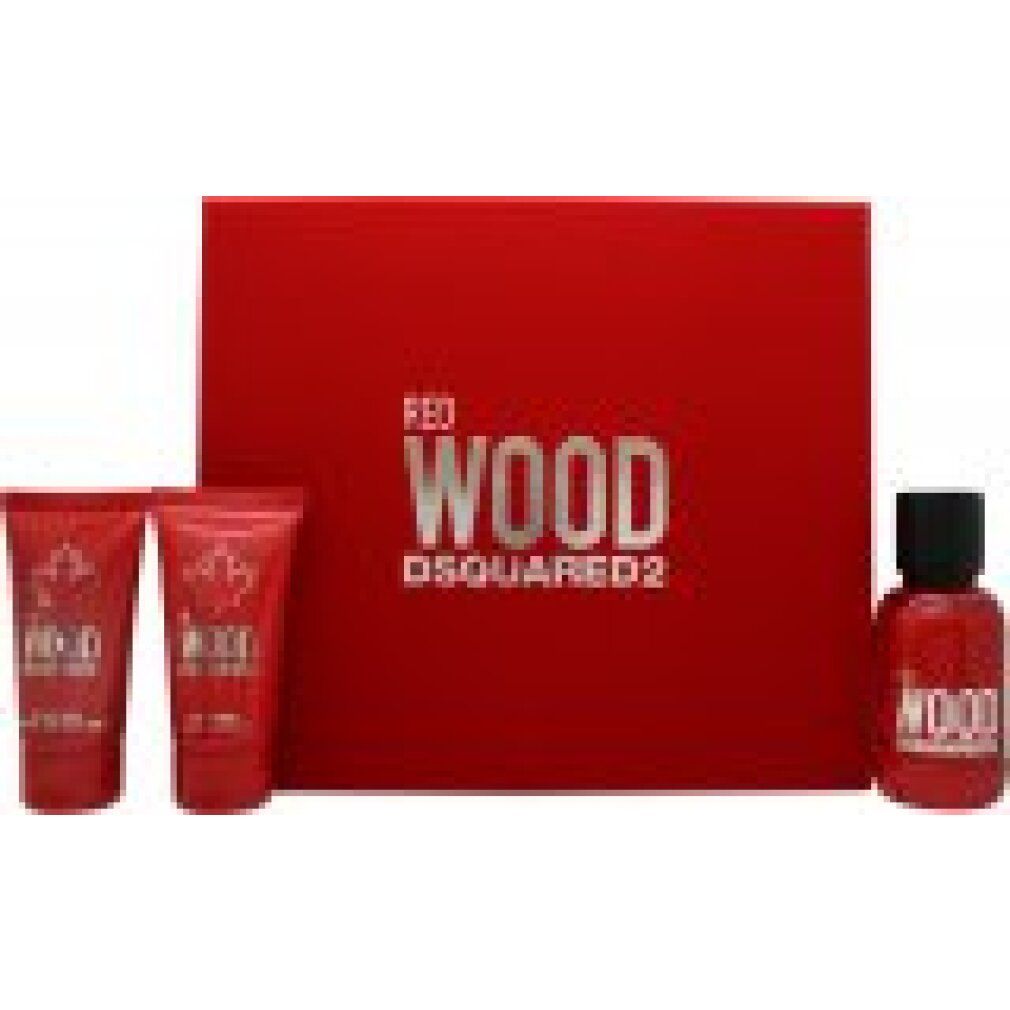 Geschenkset. Rote Box mit "RED WOOD DSQUARED2" Schriftzug. Zwei Tuben und eine Flasche. Alle rot.