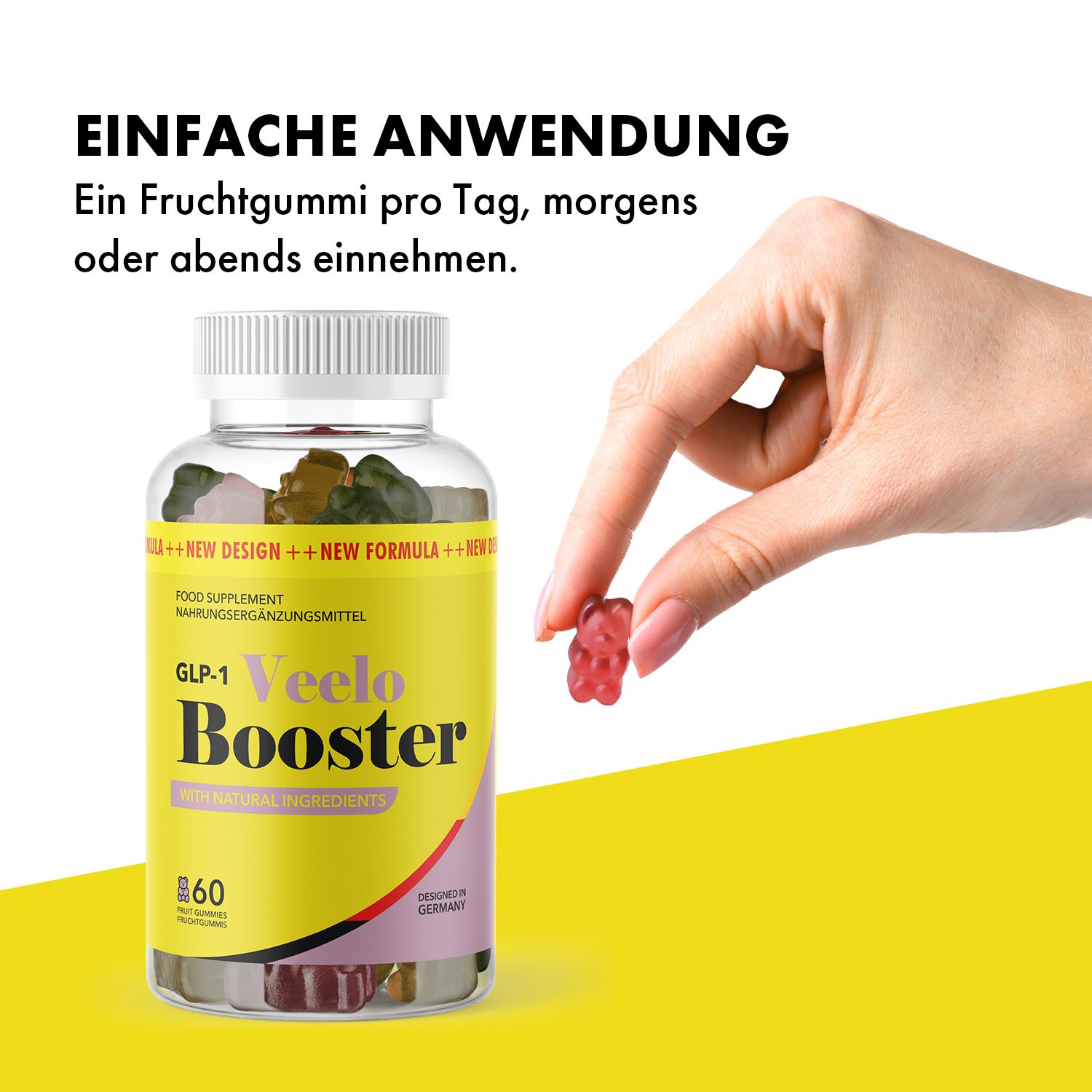 Hand nimmt rotes Gummibärchen aus Flasche GLP-1 Veelo Booster Fruchtgummis. Gelber Hintergrund.