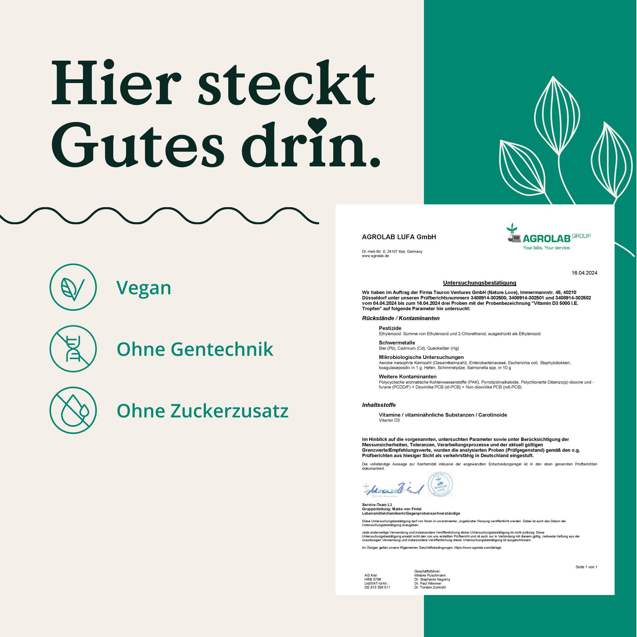 Zertifizierungsdokumente. Vegan, ohne Gentechnik, ohne Zuckerzusatz. Agrolab LUFA GmbH.
