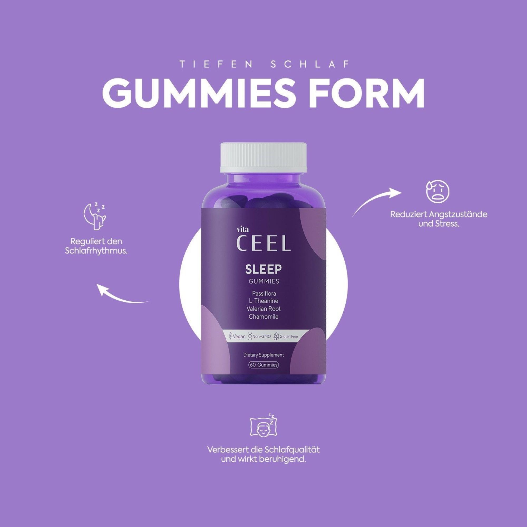 Flasche Vita Ceel Sleep Gummies mit Icons für Schlafregulation und Stressreduktion.