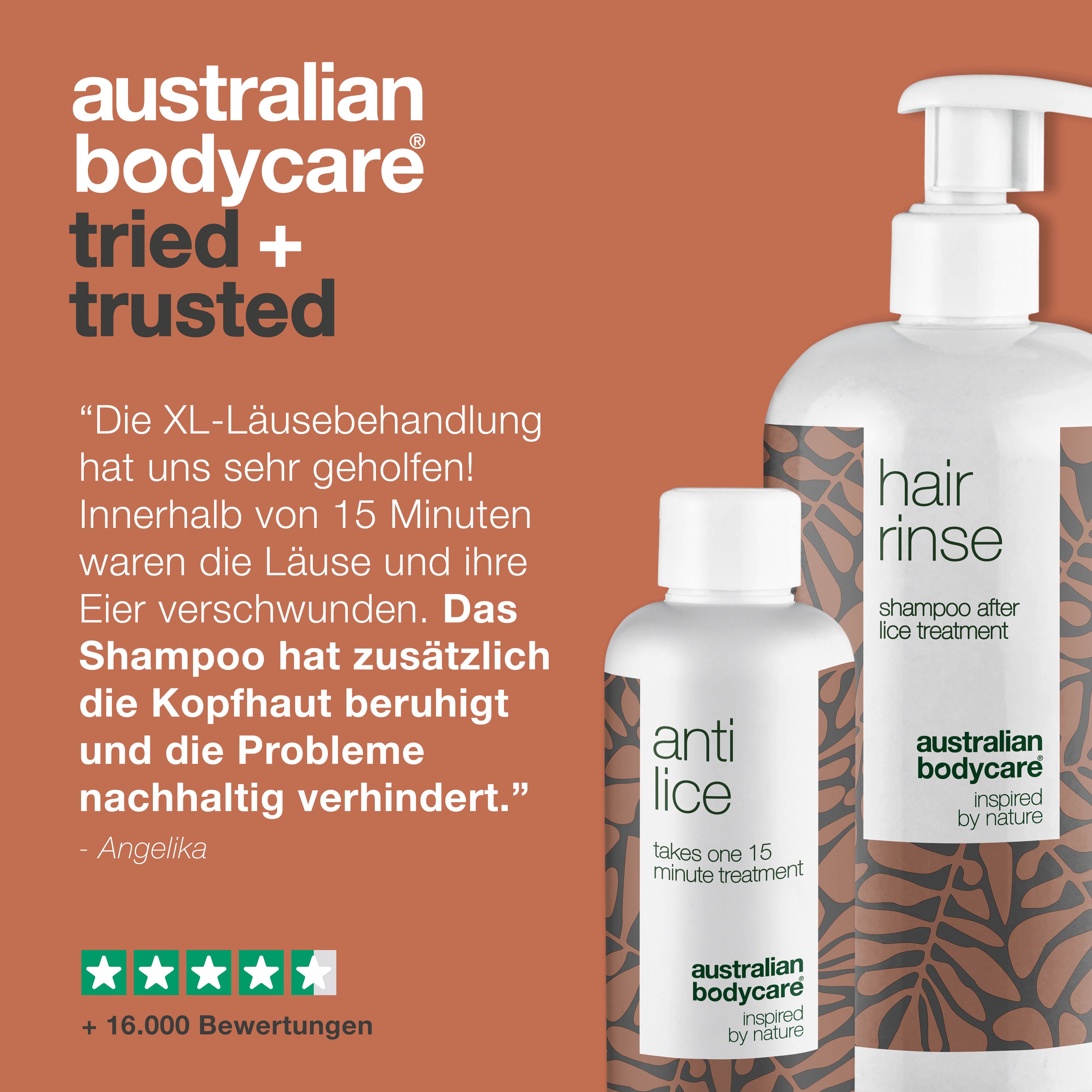 Zwei Flaschen: „hair rinse“ und „anti lice“. Marke: Australian Bodycare. Text: „tried + trusted“.